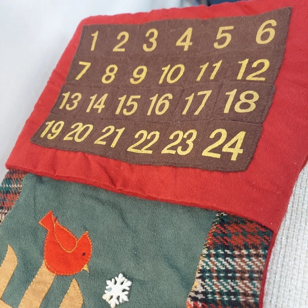 Christmas Advent Calendar Stocking‎ Reindeer Cardinal Plaid Felt Red Green